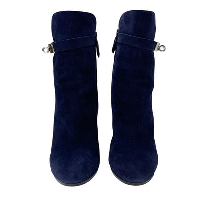 Hermes Boots Short Boots Shoes Suede Navy Silver Kelly Hardware