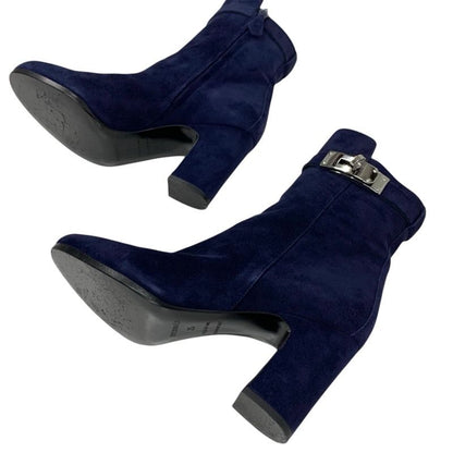 Hermes Boots Short Boots Shoes Suede Navy Silver Kelly Hardware