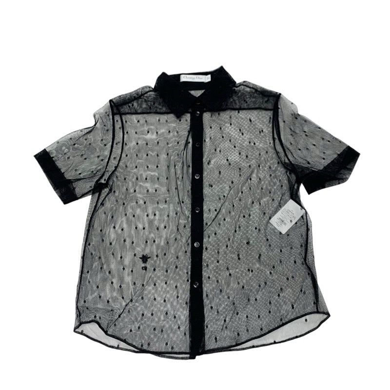 Christian Dior Top Lace Shirt Black Dot Pattern Short Sleeve