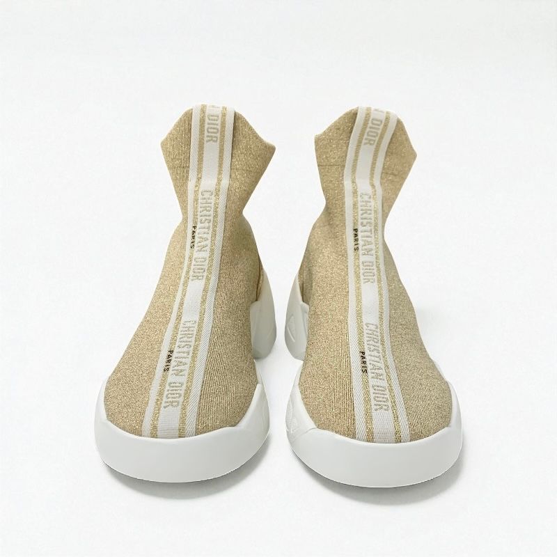 Christian DIOR Sneakers Shoes Fabric Leather Gold White Socks Sneakers Logo Line