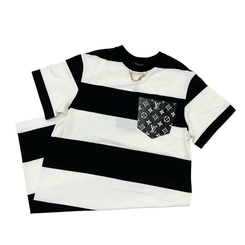 Louis Vuitton Dress Cotton Black White Border Pocket Chain