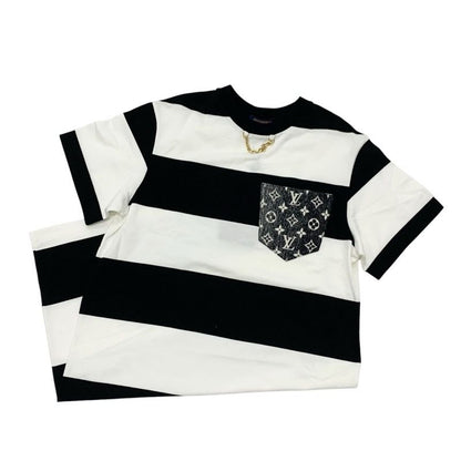Louis Vuitton Dress Cotton Black White Border Pocket Chain