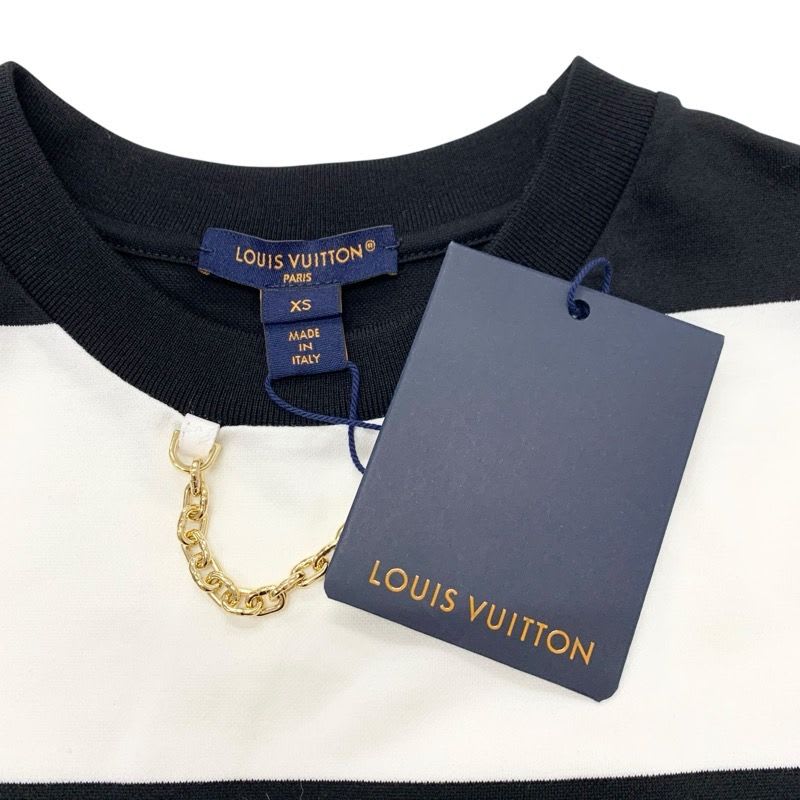 Louis Vuitton Dress Cotton Black White Border Pocket Chain