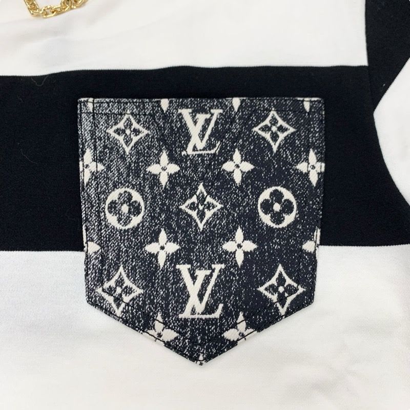 Louis Vuitton Dress Cotton Black White Border Pocket Chain