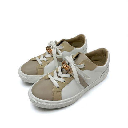 Hermes Day Sneakers Shoes Leather Beige White Pink Gold Kelly Hardware