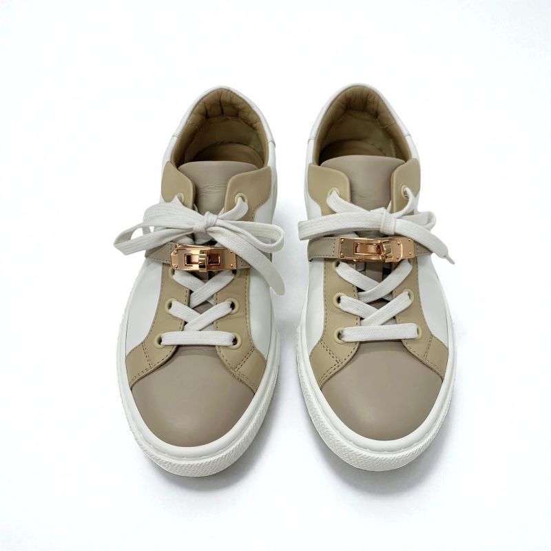 Hermes Day Sneakers Shoes Leather Beige White Pink Gold Kelly Hardware