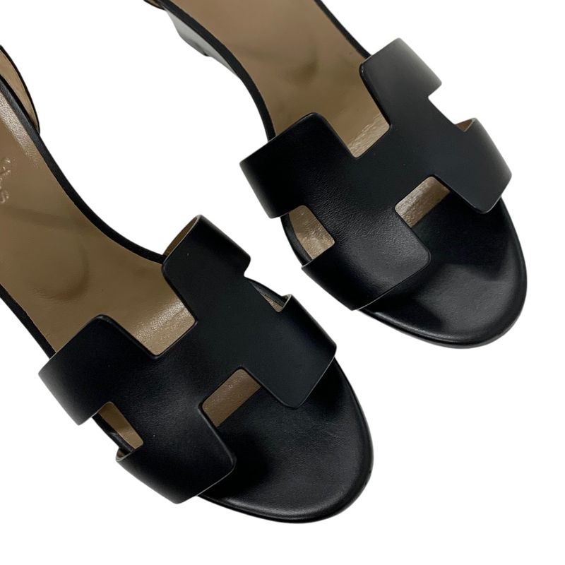 Hermes Legend Sandals Shoes Leather Black Wedge Sole Ankle Strap