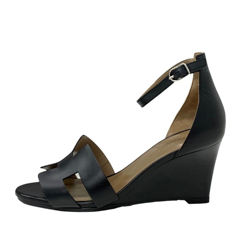 Hermes Legend Sandals Shoes Leather Black Wedge Sole Ankle Strap