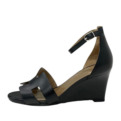 Hermes Legend Sandals Shoes Leather Black Wedge Sole Ankle Strap