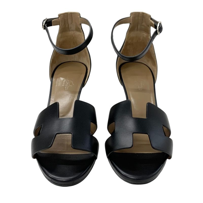 Hermes Legend Sandals Shoes Leather Black Wedge Sole Ankle Strap