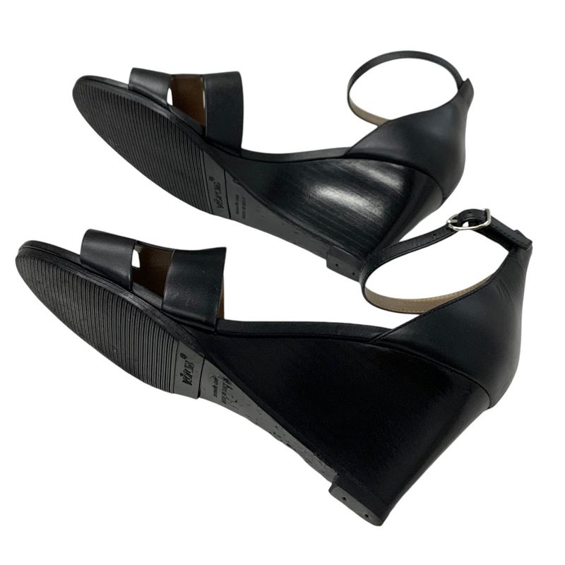 Hermes Legend Sandals Shoes Leather Black Wedge Sole Ankle Strap