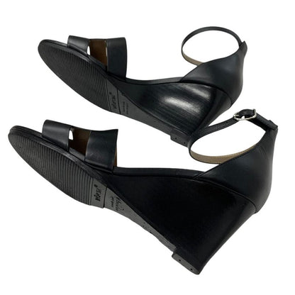 Hermes Legend Sandals Shoes Leather Black Wedge Sole Ankle Strap