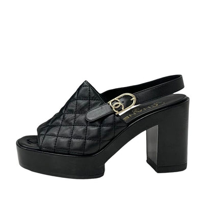 Chanel Sandals Shoes Leather Black Matelasse Coco Mark Strap