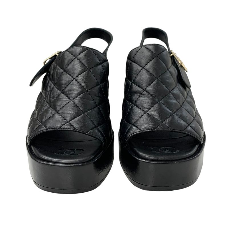 Chanel Sandals Shoes Leather Black Matelasse Coco Mark Strap