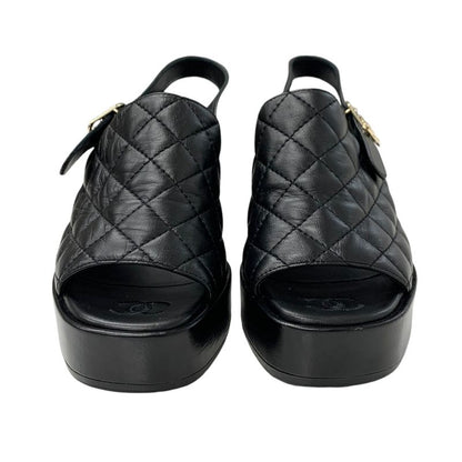 Chanel Sandals Shoes Leather Black Matelasse Coco Mark Strap