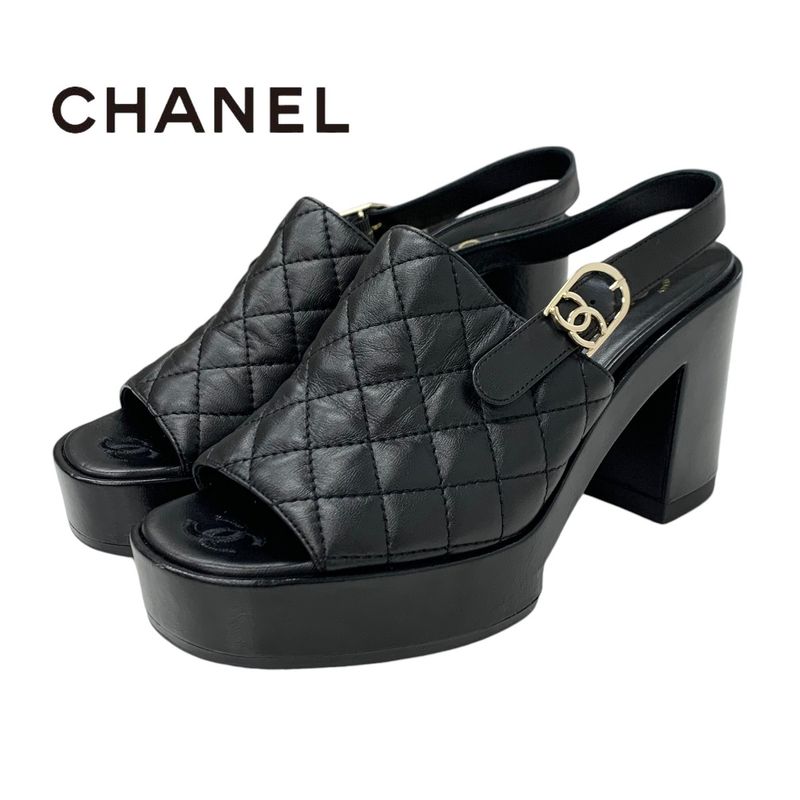 Chanel Sandals Shoes Leather Black Matelasse Coco Mark Strap