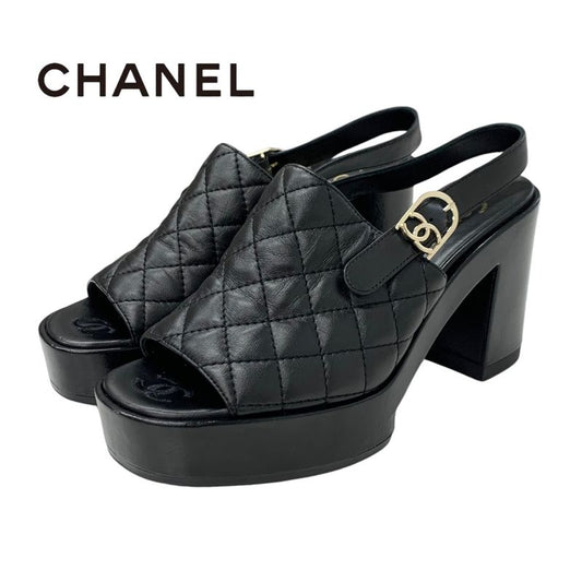 Chanel Sandals Shoes Leather Black Matelasse Coco Mark Strap