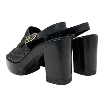Chanel Sandals Shoes Leather Black Matelasse Coco Mark Strap