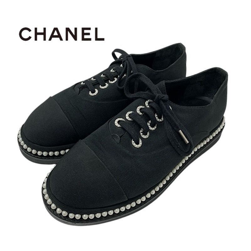 Chanel Sneakers Shoes Fabric Black White Coco Mark Pearl Lace Up Shoes