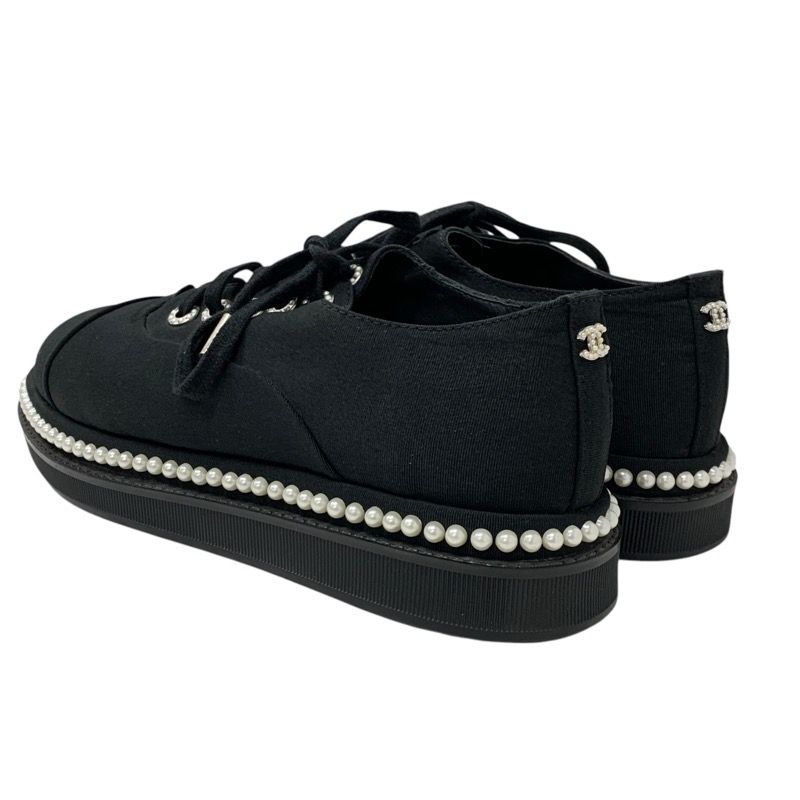 Chanel Sneakers Shoes Fabric Black White Coco Mark Pearl Lace Up Shoes