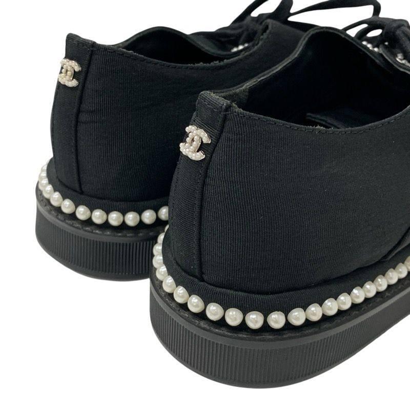 Chanel Sneakers Shoes Fabric Black White Coco Mark Pearl Lace Up Shoes