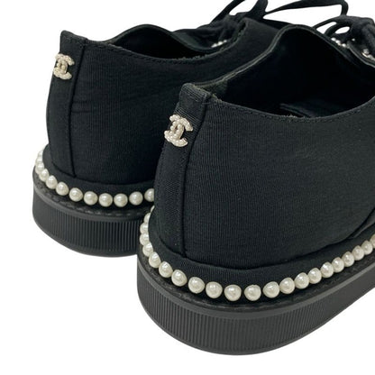 Chanel Sneakers Shoes Fabric Black White Coco Mark Pearl Lace Up Shoes