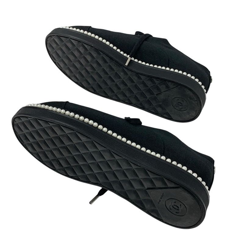 Chanel Sneakers Shoes Fabric Black White Coco Mark Pearl Lace Up Shoes