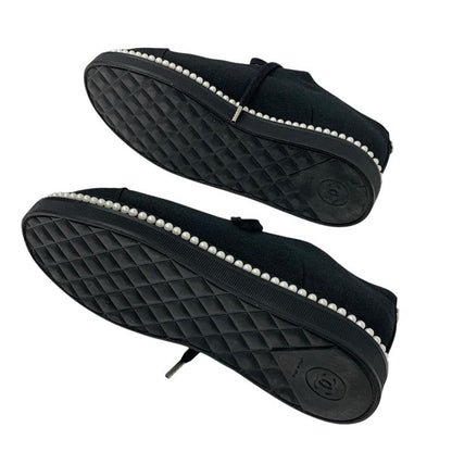 Chanel Sneakers Shoes Fabric Black White Coco Mark Pearl Lace Up Shoes