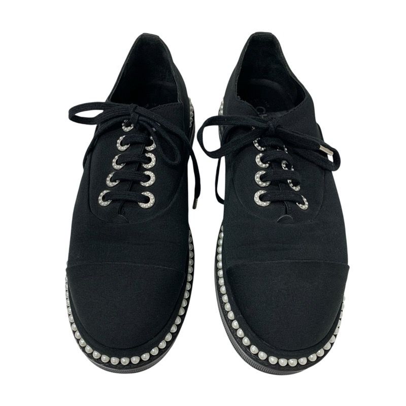 Chanel Sneakers Shoes Fabric Black White Coco Mark Pearl Lace Up Shoes
