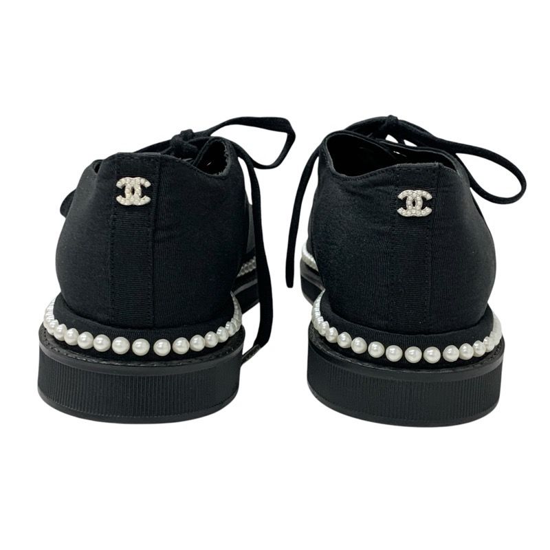 Chanel Sneakers Shoes Fabric Black White Coco Mark Pearl Lace Up Shoes