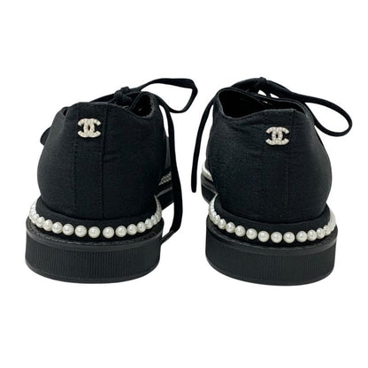 Chanel Sneakers Shoes Fabric Black White Coco Mark Pearl Lace Up Shoes