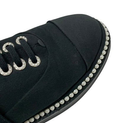 Chanel Sneakers Shoes Fabric Black White Coco Mark Pearl Lace Up Shoes