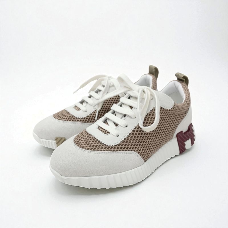 Hermes Bouncing Sneakers Shoes Suede Fabric Beige Gray Unused Mesh
