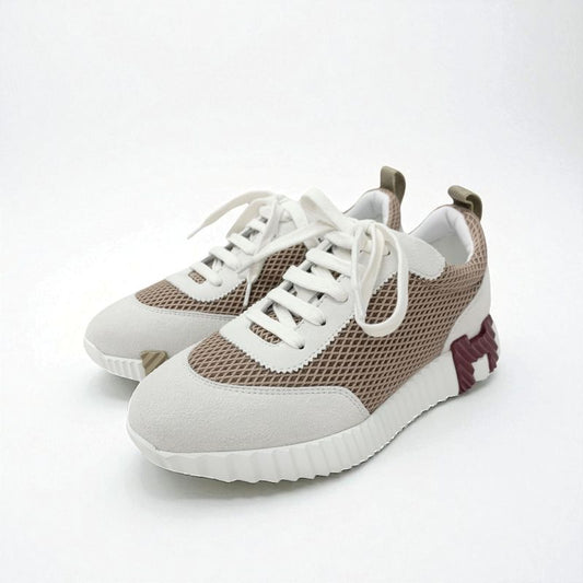 Hermes Bouncing Sneakers Shoes Suede Fabric Beige Gray Unused Mesh