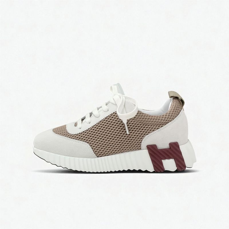 Hermes Bouncing Sneakers Shoes Suede Fabric Beige Gray Unused Mesh