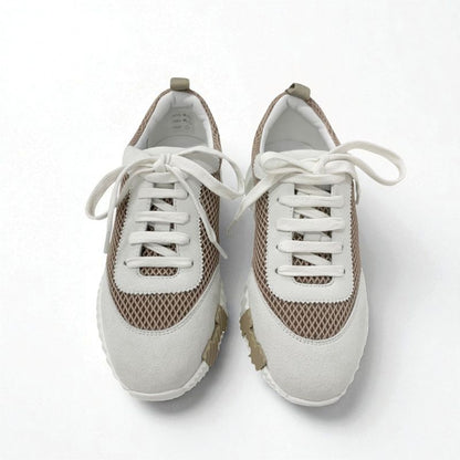 Hermes Bouncing Sneakers Shoes Suede Fabric Beige Gray Unused Mesh