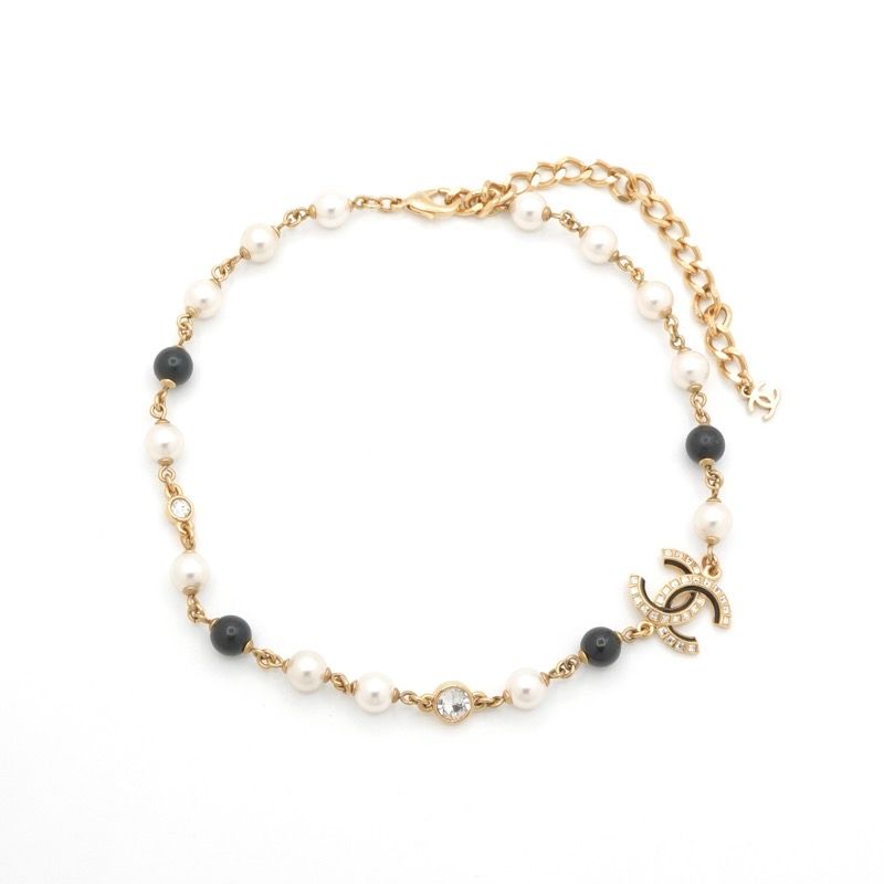 Chanel Necklace Pendant Choker Gold Black Coco Mark Rhinestone