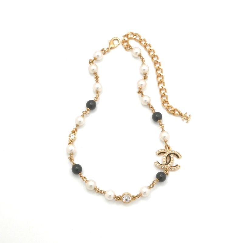 Chanel Necklace Pendant Choker Gold Black Coco Mark Rhinestone