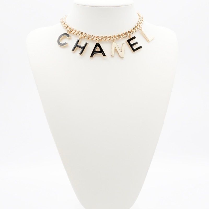 Chanel Necklace Pendant Choker Gold Black White Logo