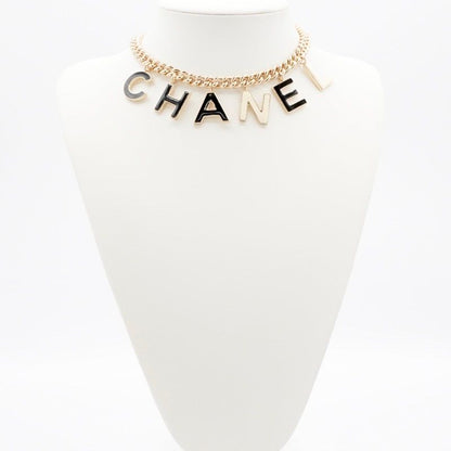 Chanel Necklace Pendant Choker Gold Black White Logo