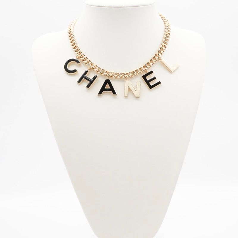 Chanel Necklace Pendant Choker Gold Black White Logo