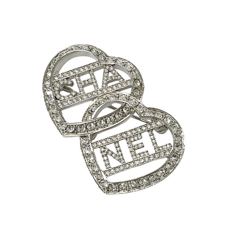 Chanel Brooch Corsage Silver Logo Rhinestone Heart