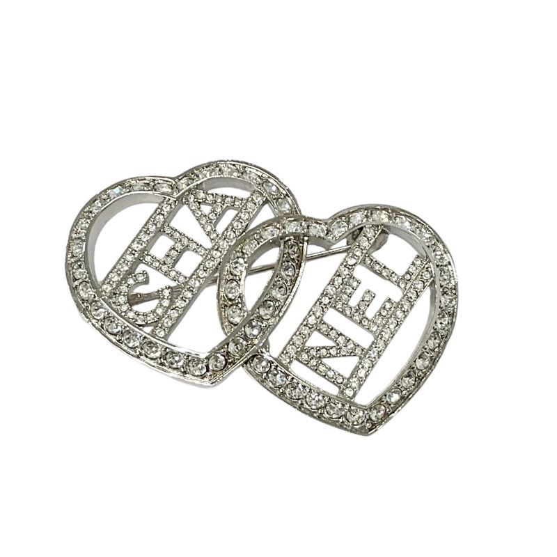 Chanel Brooch Corsage Silver Logo Rhinestone Heart