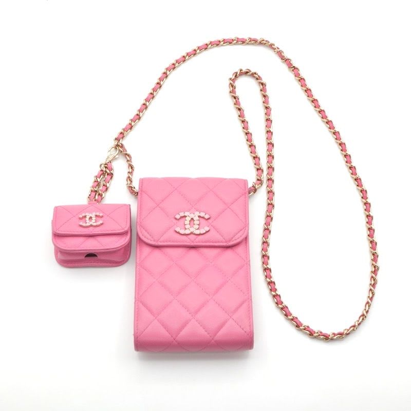 Chanel Bag Shoulder Pink Gold Quilted Phone Pouch Airpods Case