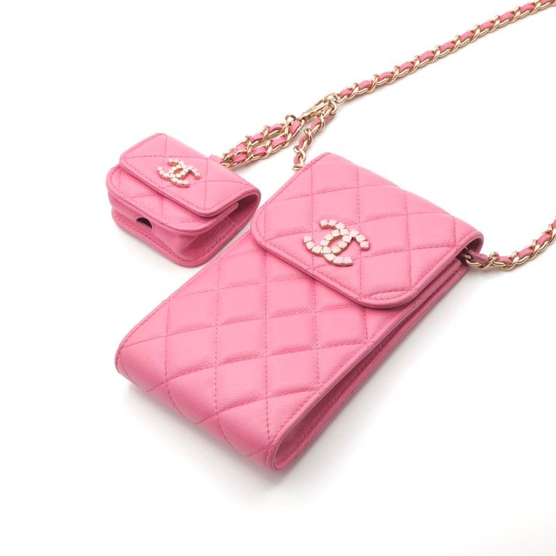 Chanel Bag Shoulder Pink Gold Quilted Phone Pouch Airpods Case