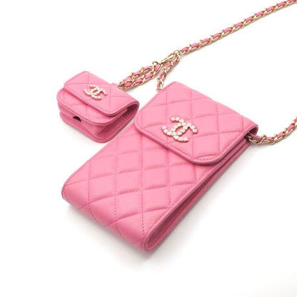 Chanel Bag Shoulder Pink Gold Quilted Phone Pouch Airpods Case