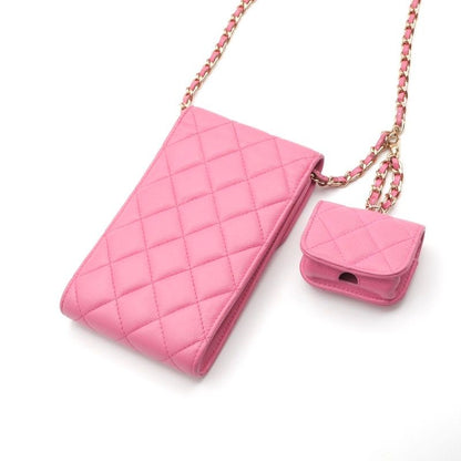 Chanel Bag Shoulder Pink Gold Quilted Phone Pouch Airpods Case