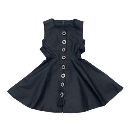 Louis Vuitton Dress Silk Black Boxy Button Front Jewel Sleeveless