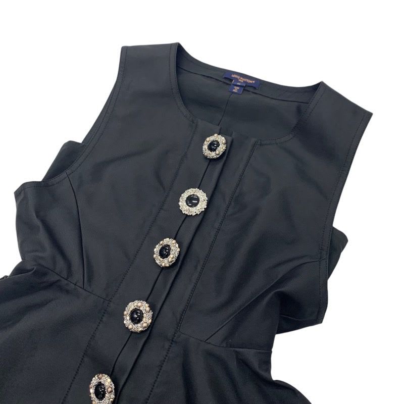 Louis Vuitton Dress Silk Black Boxy Button Front Jewel Sleeveless