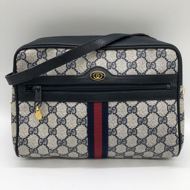 Gucci 010 378 Shoulder Bag GG Supreme Sherry Leather Navy Old Gucci Women Men